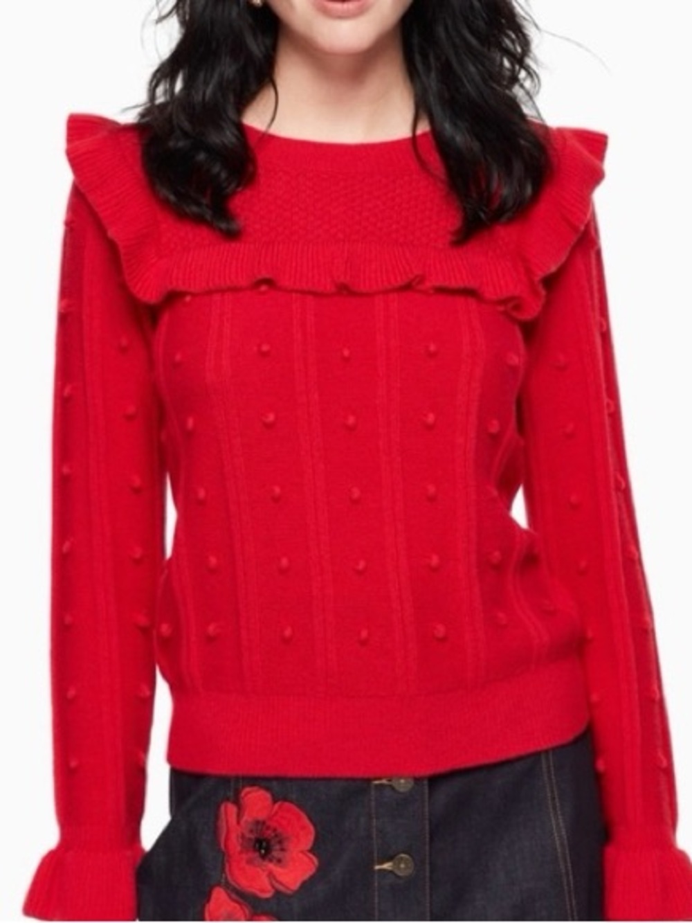 KATE SPADE NY Wool Blend Red Ruffle Popcorn-Knit Crew Sweater - Picture 7 of 7